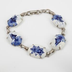 Vintage Delft Blue Porcelain Link Bracelet Blue White Windmill Floral 6.5 Dutch